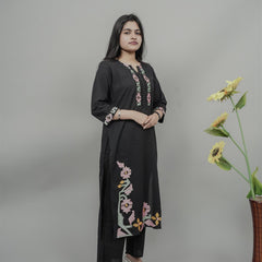 Miramaar Women's Black Cotton Embroidered Round Neck Solid Kurta Set