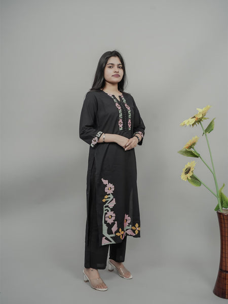 Miramaar Women's Black Cotton Embroidered Round Neck Solid Kurta Set