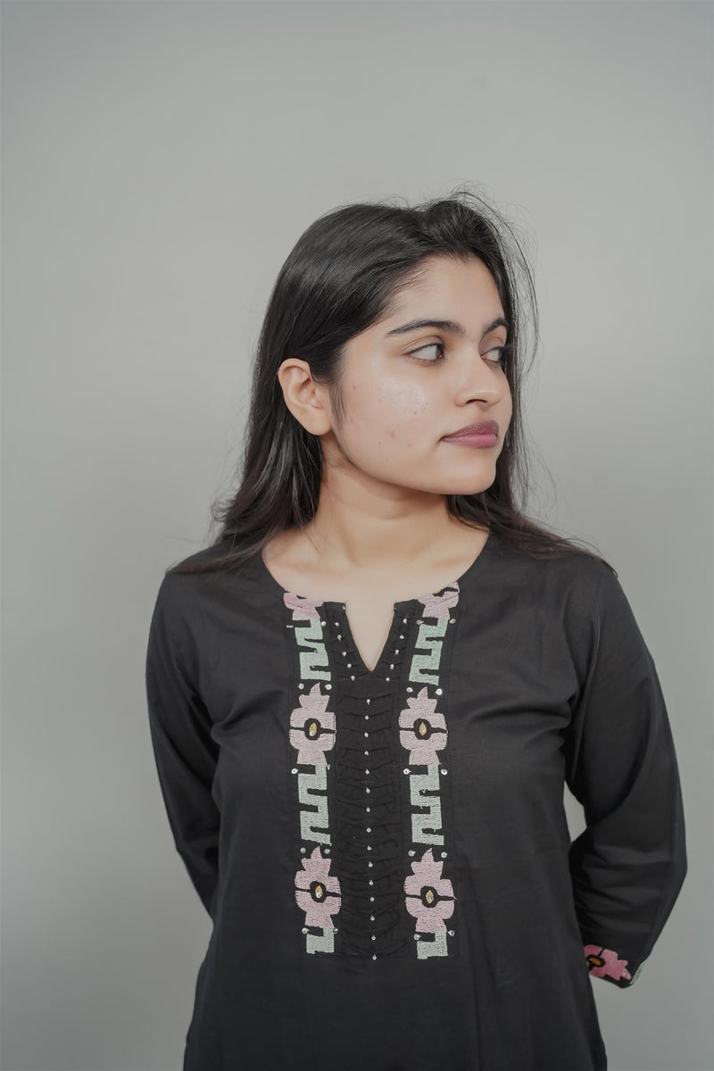 Miramaar Women's Black Cotton Embroidered Round Neck Solid Kurta Set