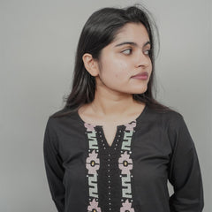 Miramaar Women's Black Cotton Embroidered Round Neck Solid Kurta Set
