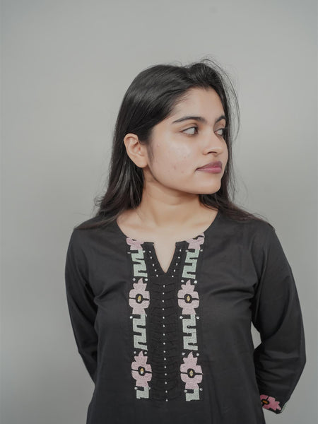 Miramaar Women's Black Cotton Embroidered Round Neck Solid Kurta Set