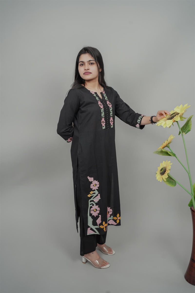 Miramaar Women's Black Cotton Embroidered Round Neck Solid Kurta Set