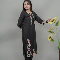 Miramaar Women's Black Cotton Embroidered Round Neck Solid Kurta Set