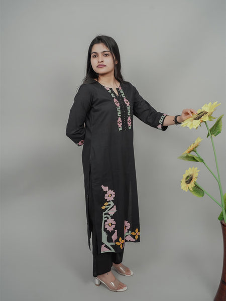 Miramaar Women's Black Cotton Embroidered Round Neck Solid Kurta Set
