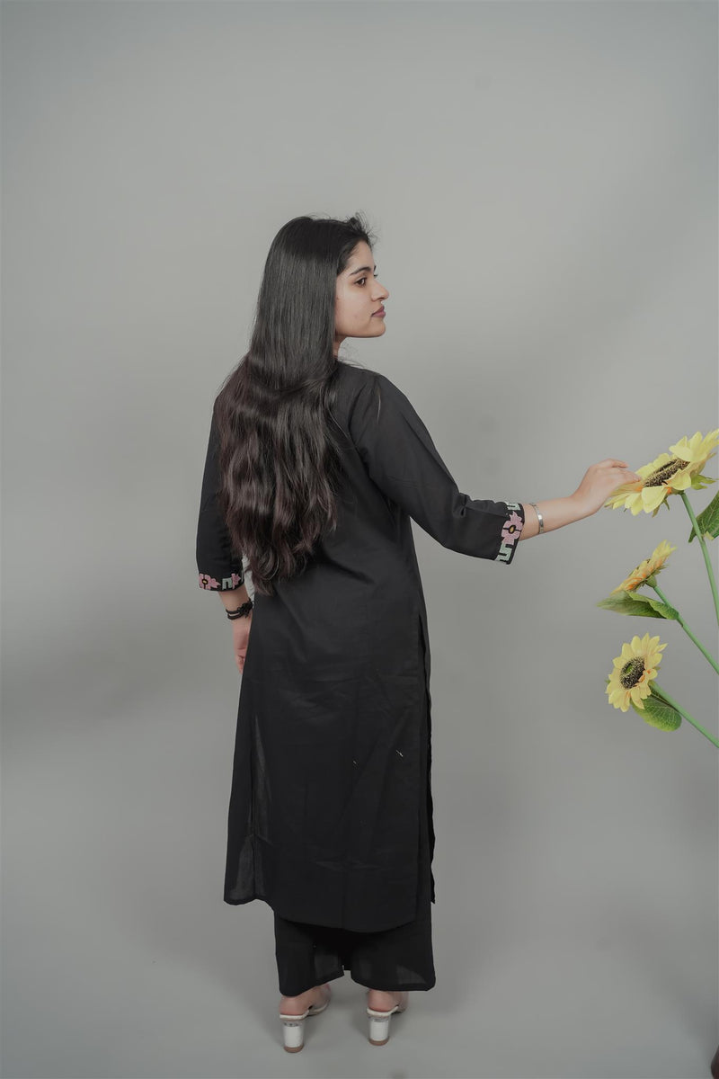 Miramaar Women's Black Cotton Embroidered Round Neck Solid Kurta Set