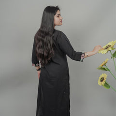 Miramaar Women's Black Cotton Embroidered Round Neck Solid Kurta Set
