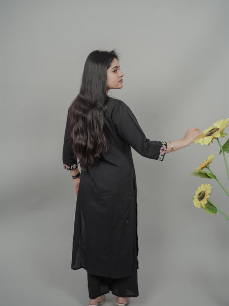 Miramaar Women's Black Cotton Embroidered Round Neck Solid Kurta Set