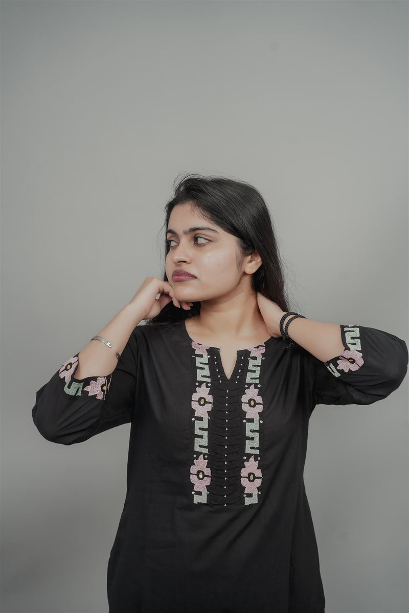 Miramaar Women's Black Cotton Embroidered Round Neck Solid Kurta Set
