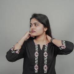 Miramaar Women's Black Cotton Embroidered Round Neck Solid Kurta Set