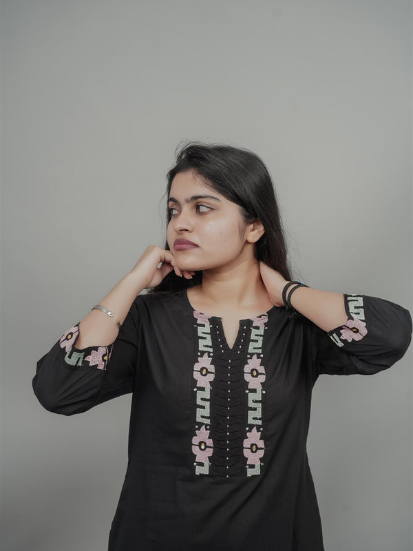 Miramaar Women's Black Cotton Embroidered Round Neck Solid Kurta Set