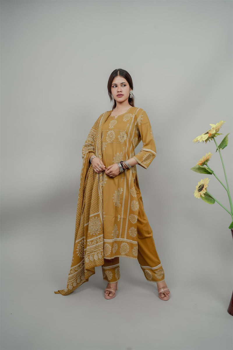 Miramaar Women's Mustard Straight Adda Work Kurta Dupatta Set
