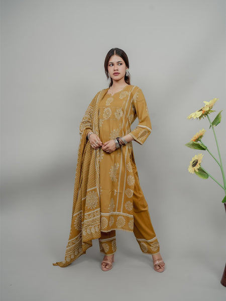 Miramaar Women's Mustard Straight Adda Work Kurta Dupatta Set