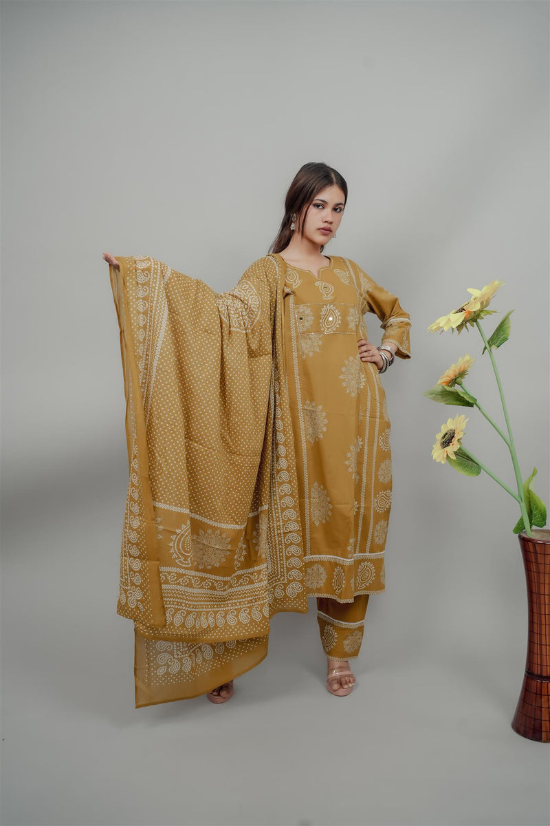 Miramaar Women's Mustard Straight Adda Work Kurta Dupatta Set