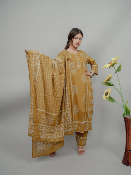 Miramaar Women's Mustard Straight Adda Work Kurta Dupatta Set