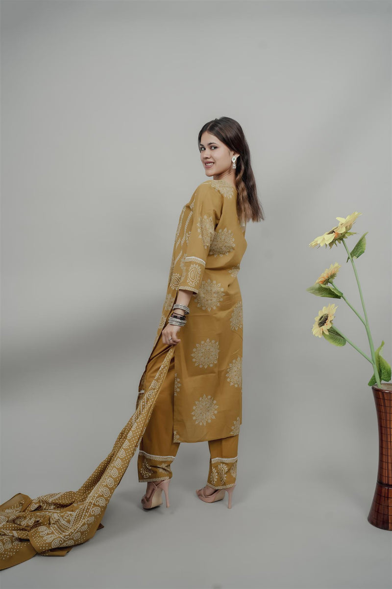 Miramaar Women's Mustard Straight Adda Work Kurta Dupatta Set