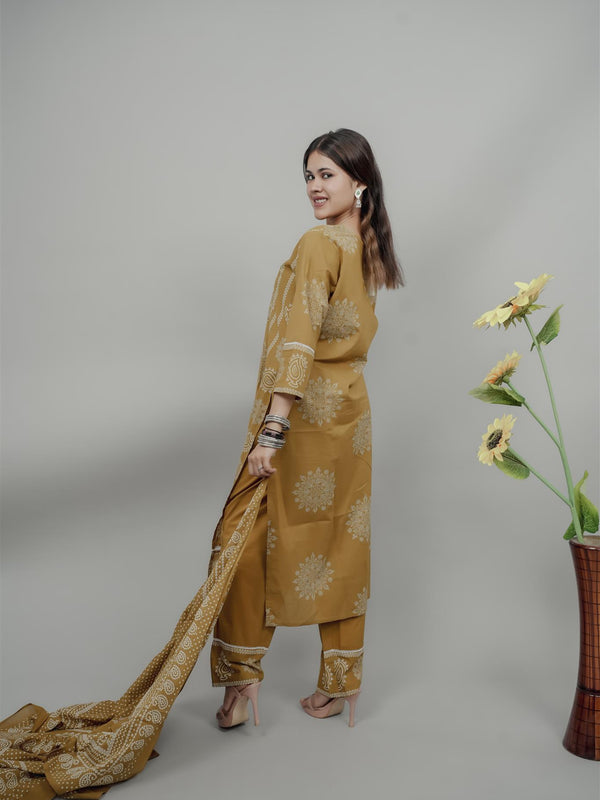 Miramaar Women's Mustard Straight Adda Work Kurta Dupatta Set