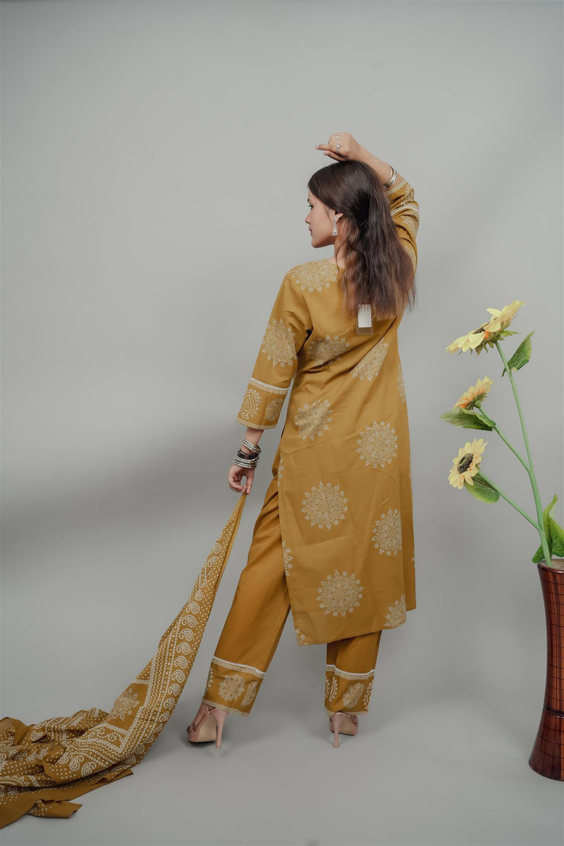 Miramaar Women's Mustard Straight Adda Work Kurta Dupatta Set
