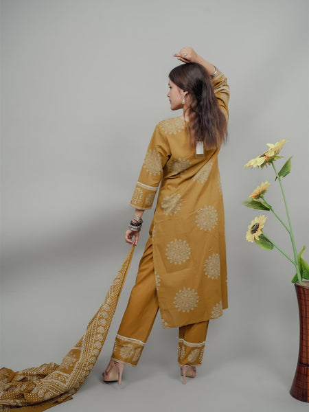 Miramaar Women's Mustard Straight Adda Work Kurta Dupatta Set