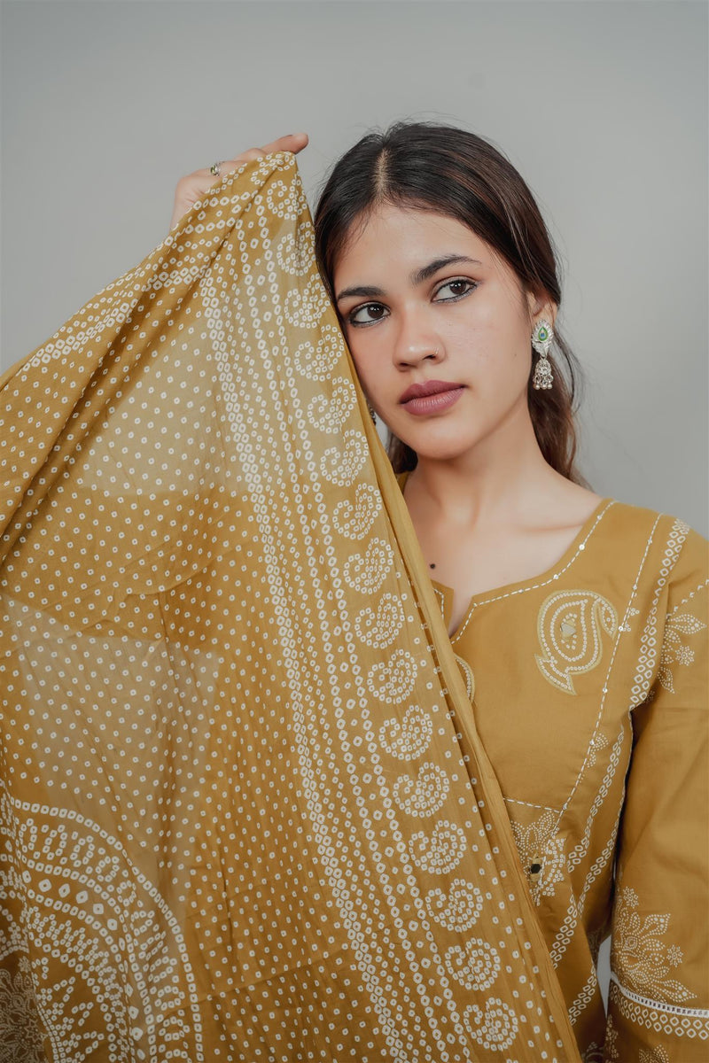 Miramaar Women's Mustard Straight Adda Work Kurta Dupatta Set