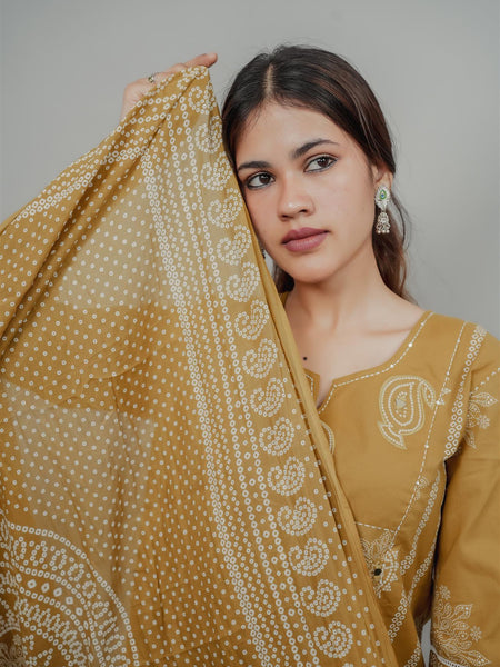 Miramaar Women's Mustard Straight Adda Work Kurta Dupatta Set