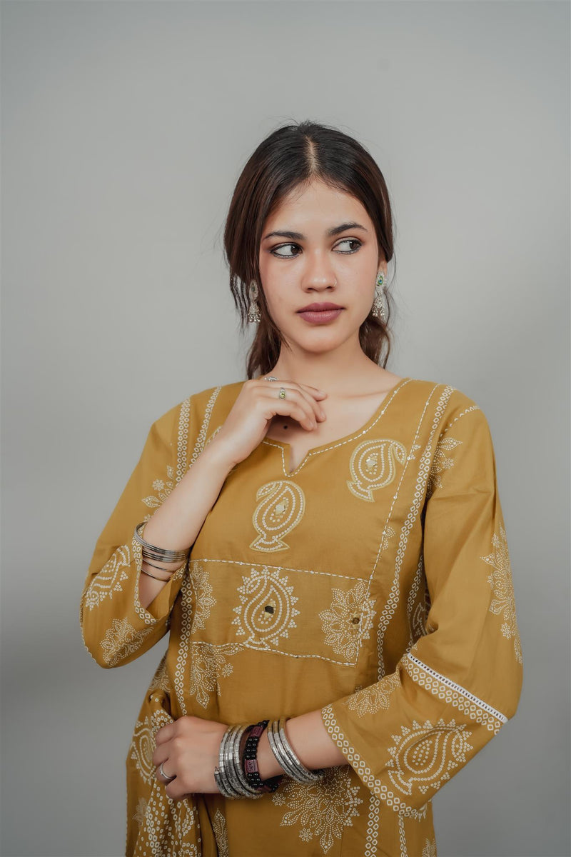 Miramaar Women's Mustard Straight Adda Work Kurta Dupatta Set