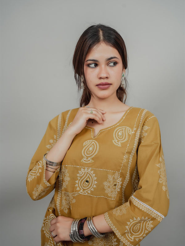Miramaar Women's Mustard Straight Adda Work Kurta Dupatta Set
