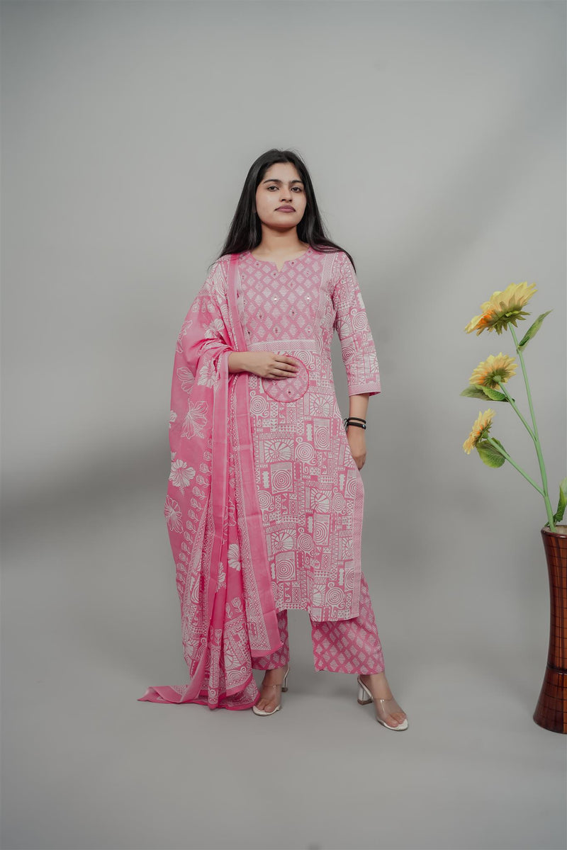 Miramaar Women's Pink Cotton Adda Work Round Neck Printed Kurta Dupatta Set