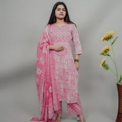 Miramaar Women's Pink Cotton Adda Work Round Neck Printed Kurta Dupatta Set