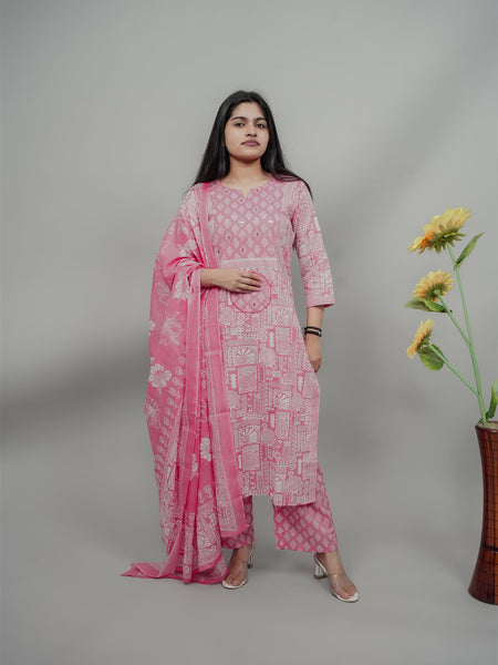Miramaar Women's Pink Cotton Adda Work Round Neck Printed Kurta Dupatta Set