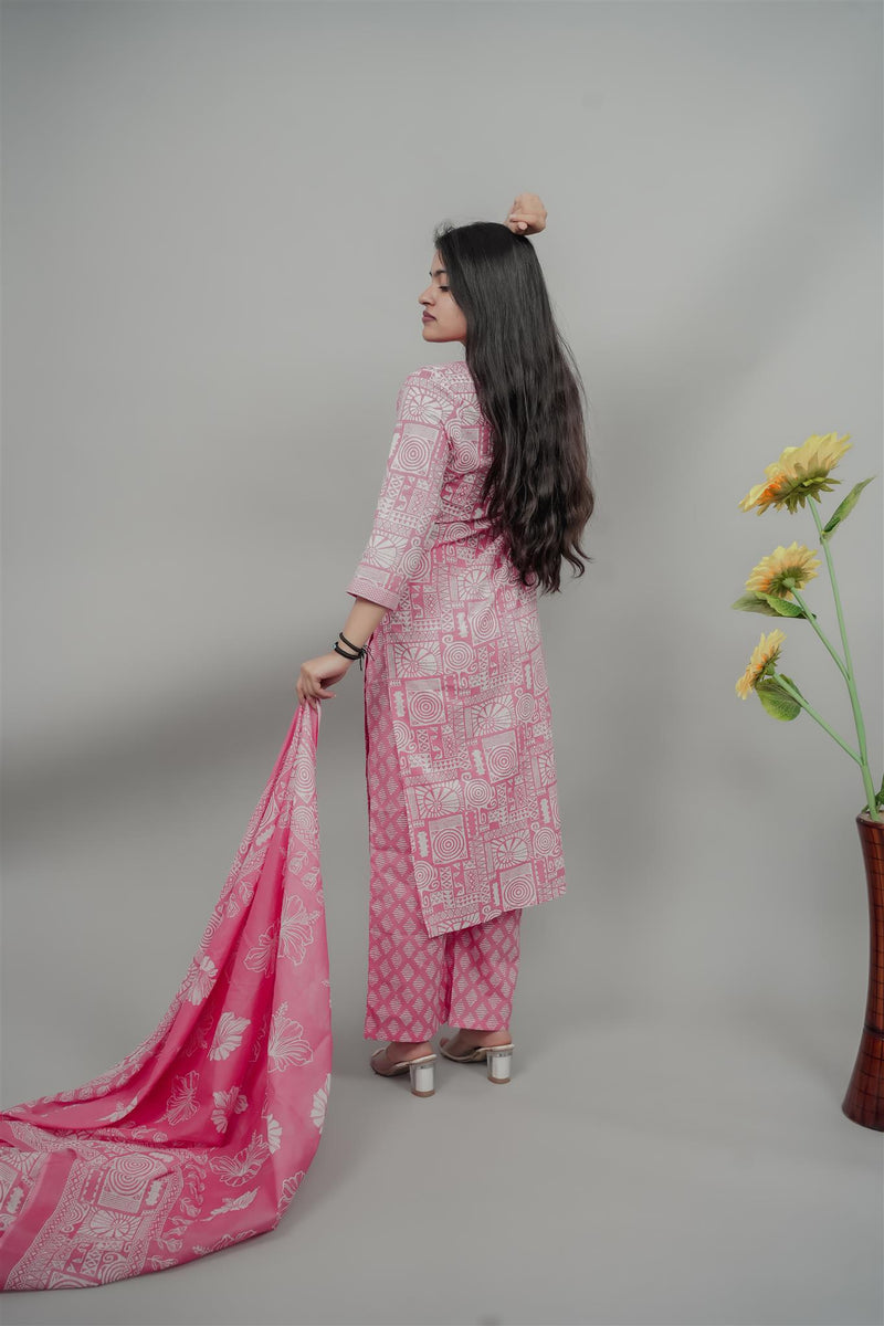 Miramaar Women's Pink Cotton Adda Work Round Neck Printed Kurta Dupatta Set