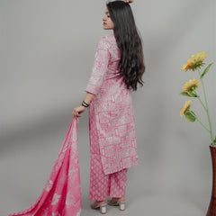 Miramaar Women's Pink Cotton Adda Work Round Neck Printed Kurta Dupatta Set