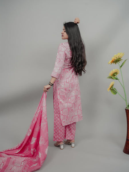 Miramaar Women's Pink Cotton Adda Work Round Neck Printed Kurta Dupatta Set