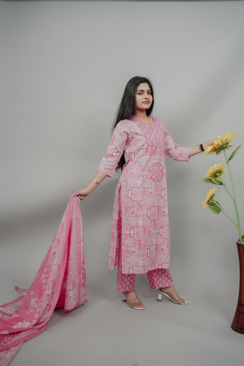 Miramaar Women's Pink Cotton Adda Work Round Neck Printed Kurta Dupatta Set