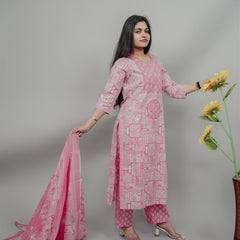 Miramaar Women's Pink Cotton Adda Work Round Neck Printed Kurta Dupatta Set