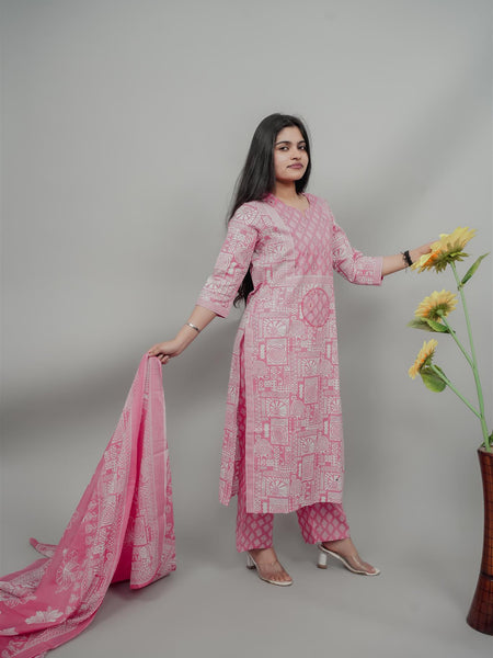 Miramaar Women's Pink Cotton Adda Work Round Neck Printed Kurta Dupatta Set