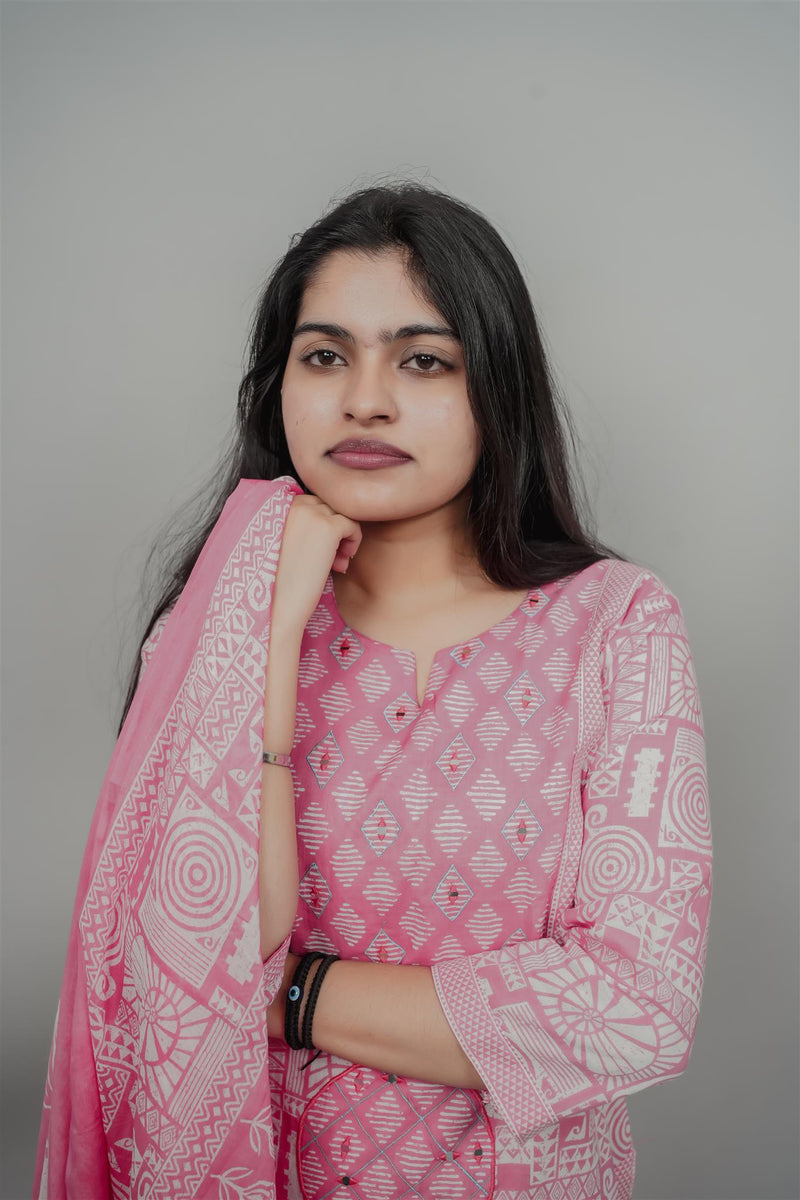Miramaar Women's Pink Cotton Adda Work Round Neck Printed Kurta Dupatta Set