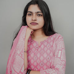 Miramaar Women's Pink Cotton Adda Work Round Neck Printed Kurta Dupatta Set