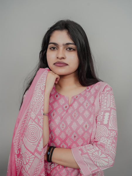 Miramaar Women's Pink Cotton Adda Work Round Neck Printed Kurta Dupatta Set