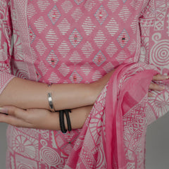 Miramaar Women's Pink Cotton Adda Work Round Neck Printed Kurta Dupatta Set