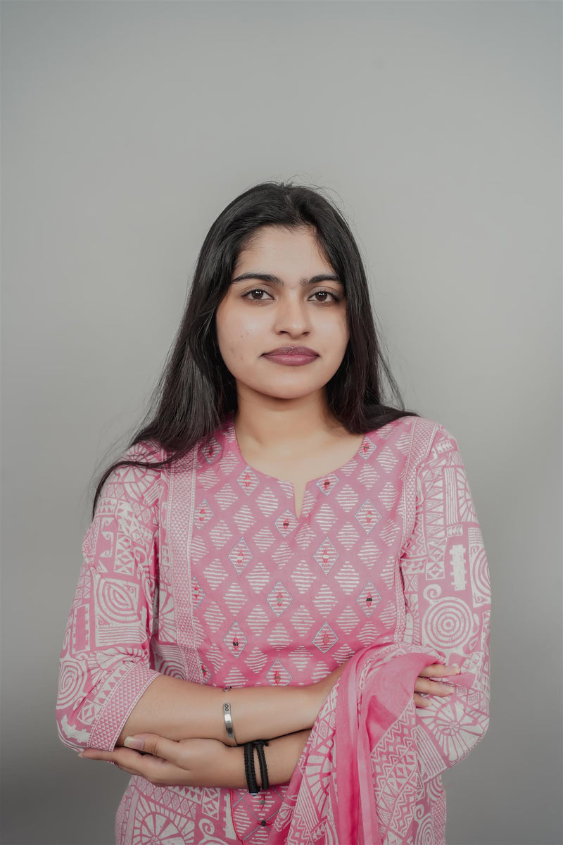 Miramaar Women's Pink Cotton Adda Work Round Neck Printed Kurta Dupatta Set