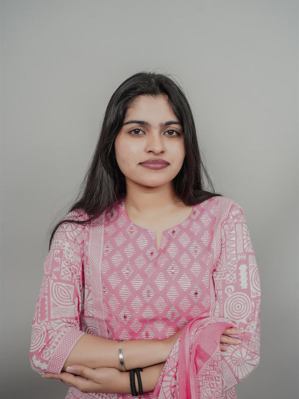 Miramaar Women's Pink Cotton Adda Work Round Neck Printed Kurta Dupatta Set