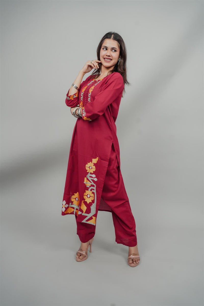 Miramaar Women's Red Cotton Embroidered Round Neck Solid Kurta Set