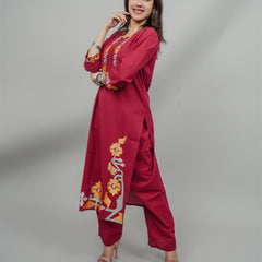 Miramaar Women's Red Cotton Embroidered Round Neck Solid Kurta Set