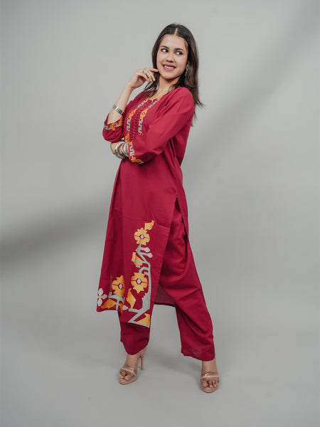 Miramaar Women's Red Cotton Embroidered Round Neck Solid Kurta Set