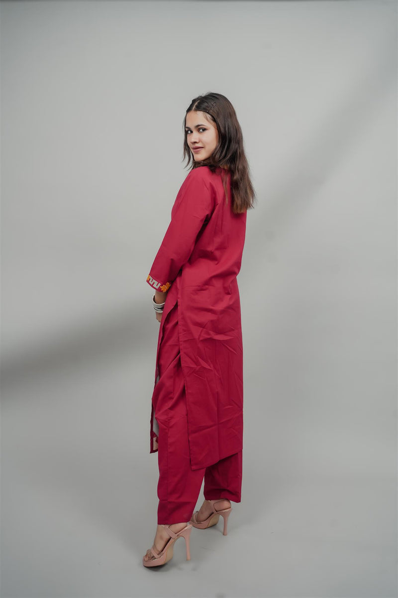 Miramaar Women's Red Cotton Embroidered Round Neck Solid Kurta Set