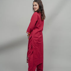 Miramaar Women's Red Cotton Embroidered Round Neck Solid Kurta Set