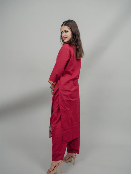 Miramaar Women's Red Cotton Embroidered Round Neck Solid Kurta Set