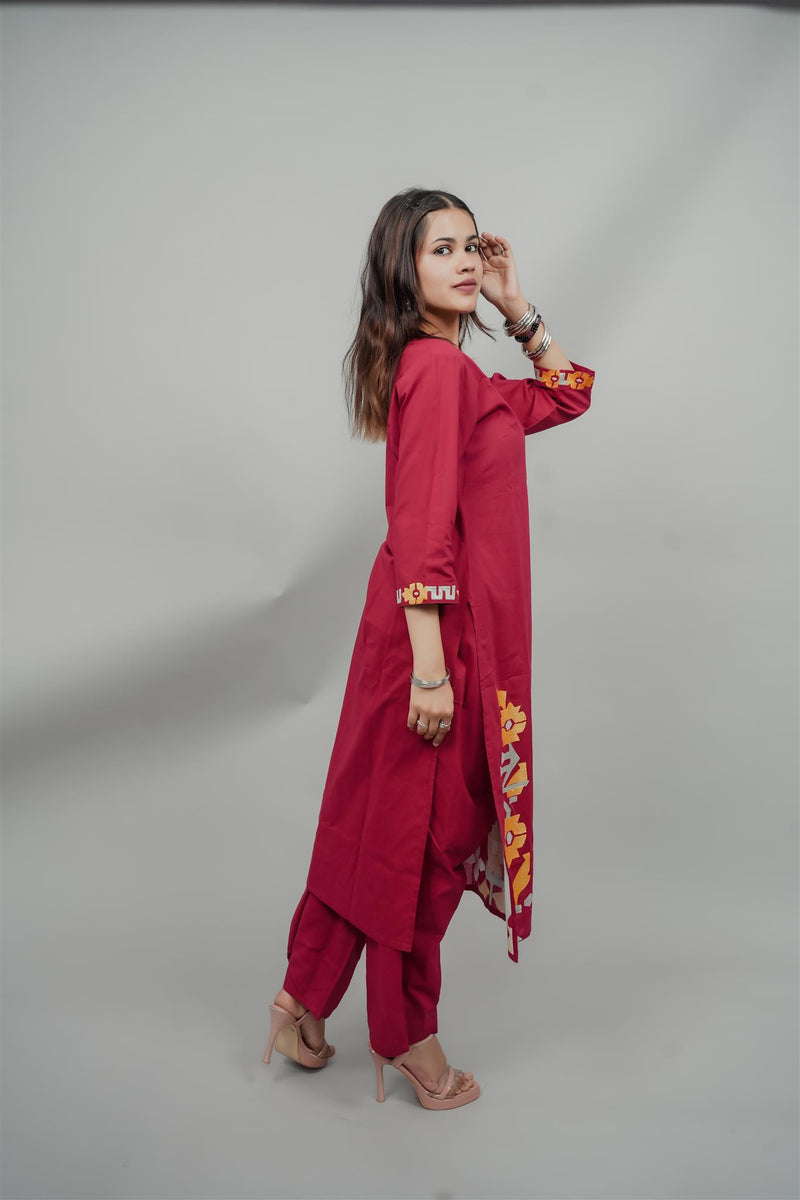 Miramaar Women's Red Cotton Embroidered Round Neck Solid Kurta Set