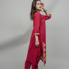 Miramaar Women's Red Cotton Embroidered Round Neck Solid Kurta Set