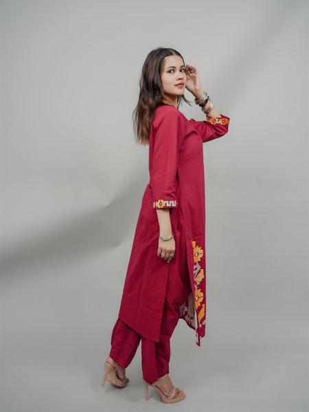 Miramaar Women's Red Cotton Embroidered Round Neck Solid Kurta Set